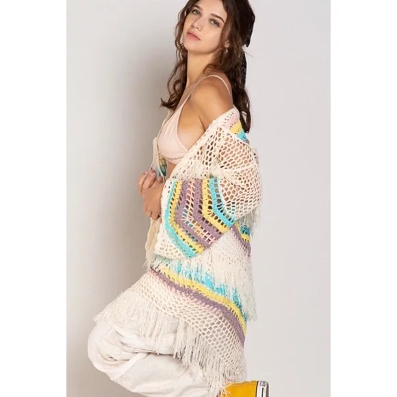 POL Beige Blue Crochet Hooded Cardigan with Fringe - Picture 3 of 7